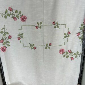 Vintage Tablecloth with cross stitched pink roses and green leaves